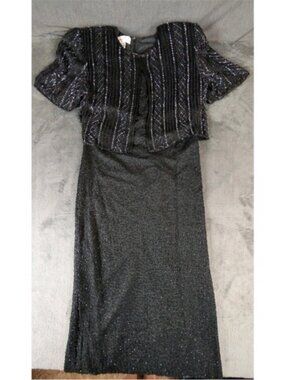 Black Short-Sleeve Beaded Mini Dress